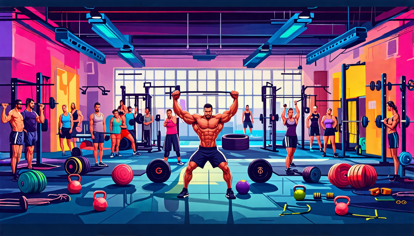 A high-energy gym scene showcasing various CrossFit equipment, including kettlebells, medicine balls, and resistance bands, with athletes in dynamic action