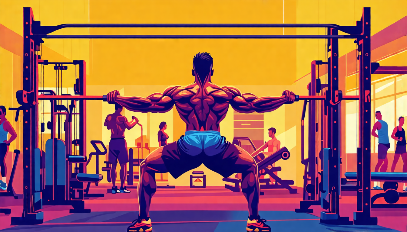 Illustration of a person performing parallel bar dips in a gym setting, clearly targeting the triceps and chest muscles. The individual is shown at the low
