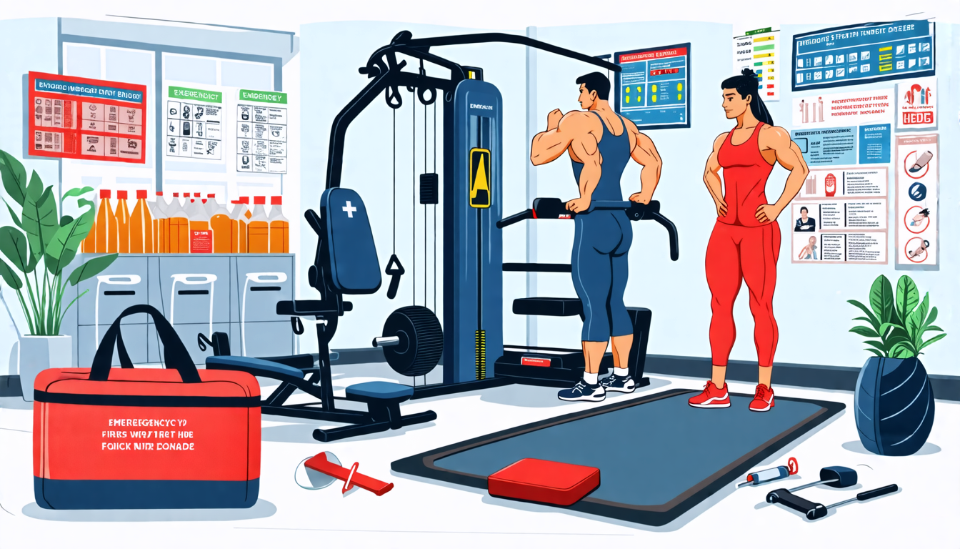 A detailed illustration of a home gym setup with various workout equipment, showcasing emergency procedures like a clearly marked first aid kit, emergency
