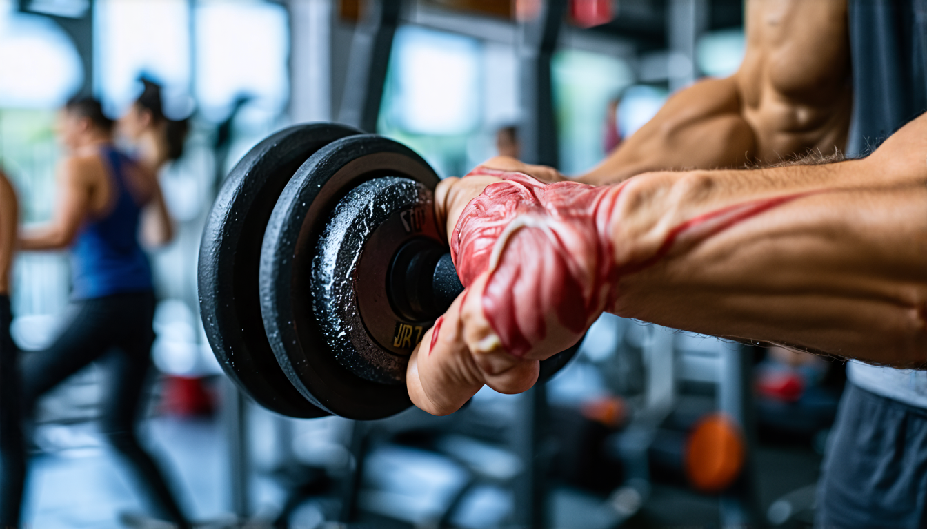 A close-up image of a strong hand squeezing a grip strength trainer, veins visible, with a backdrop of a gym. The background includes exercise equipment an