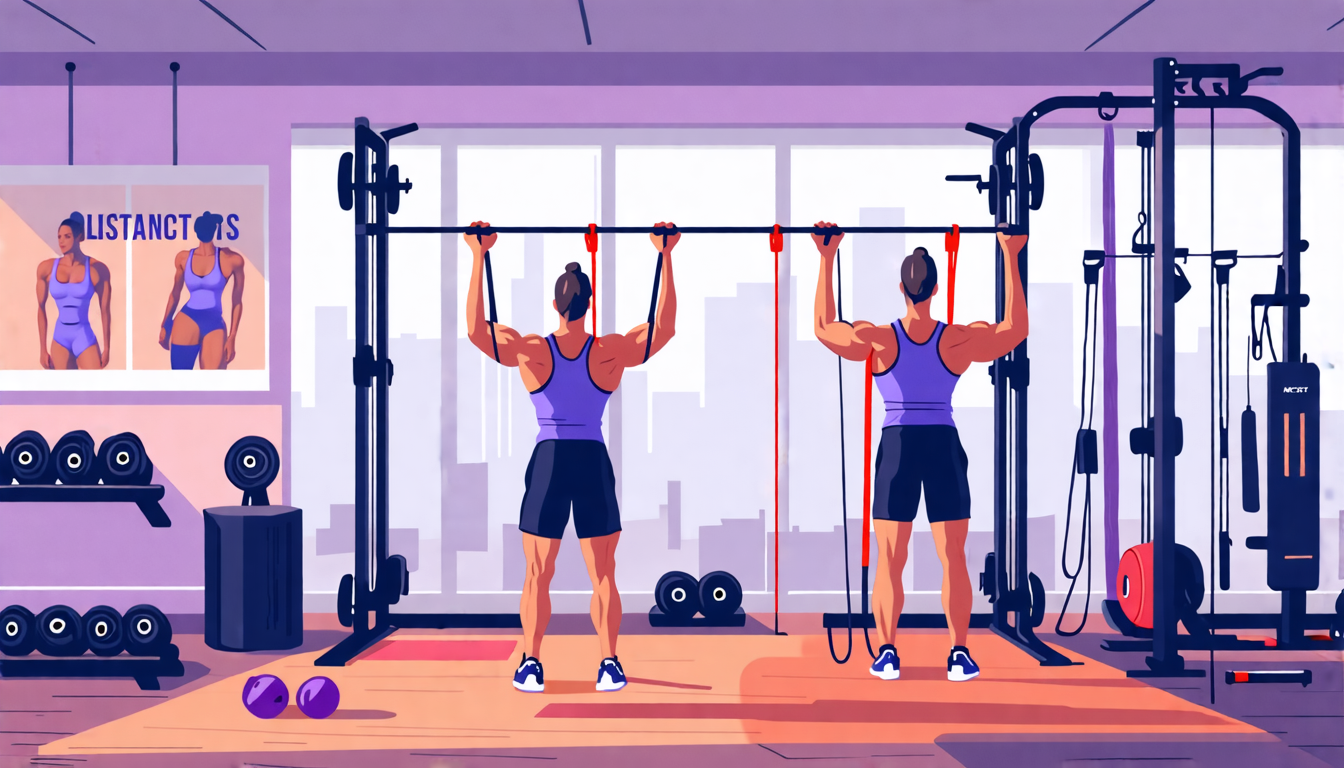 A detailed illustration of a person using resistance bands attached to a fitness bar in a modern home gym. The individual is performing various exercises l
