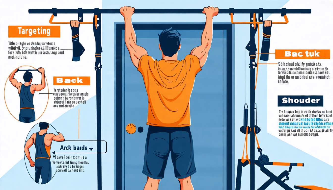 A person performing pull-ups on a fitness bar mounted to a door frame in a home gym setting, with illustrated step-by-step technique tips and different gri