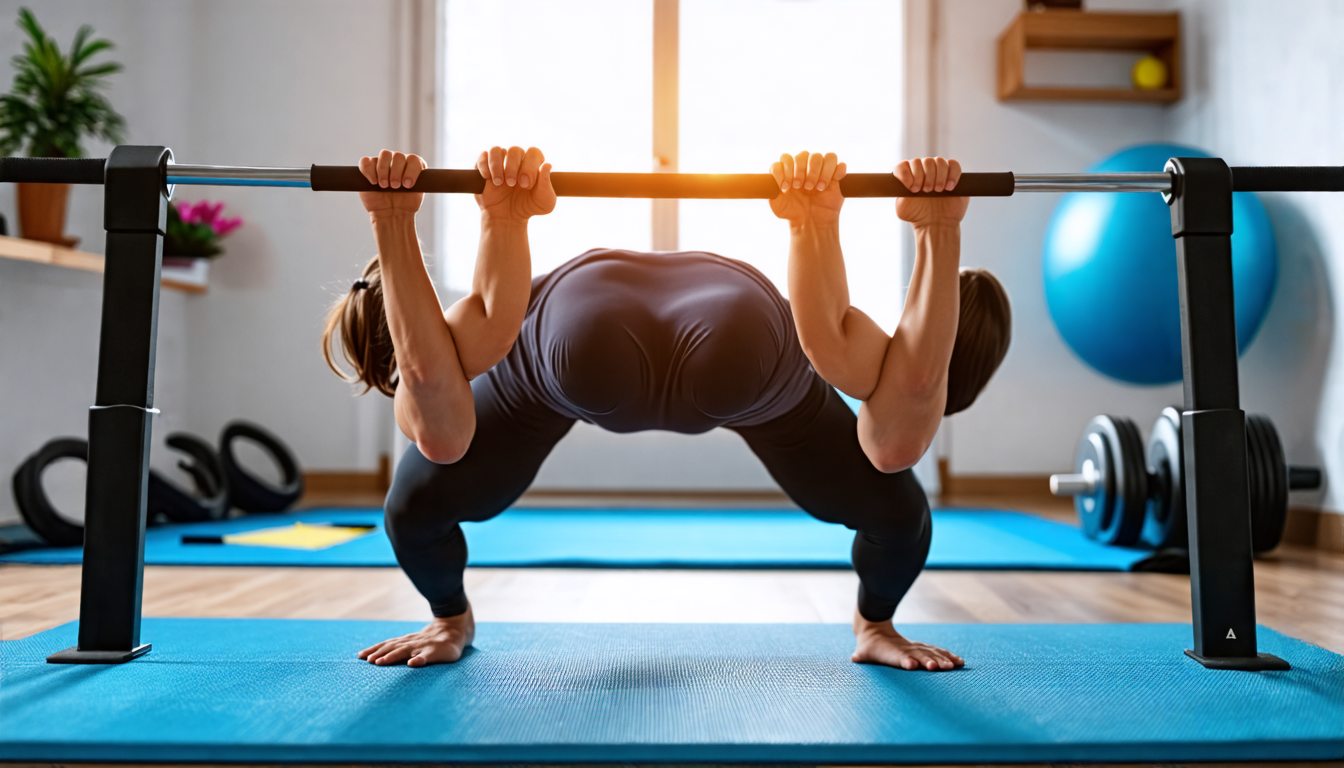 A person in a home gym using a fitness bar to perform various core-strengthening exercises, such as Russian twists, leg raises while hanging from the bar,