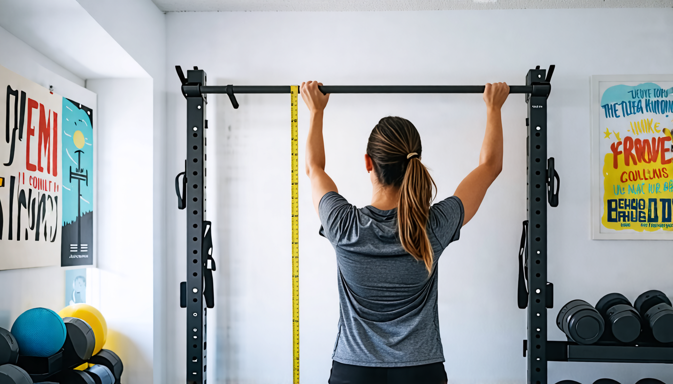 A person standing in a home gym, measuring the height of a pull-up bar installed on a wall. The gym is equipped with various fitness equipment, emphasizing