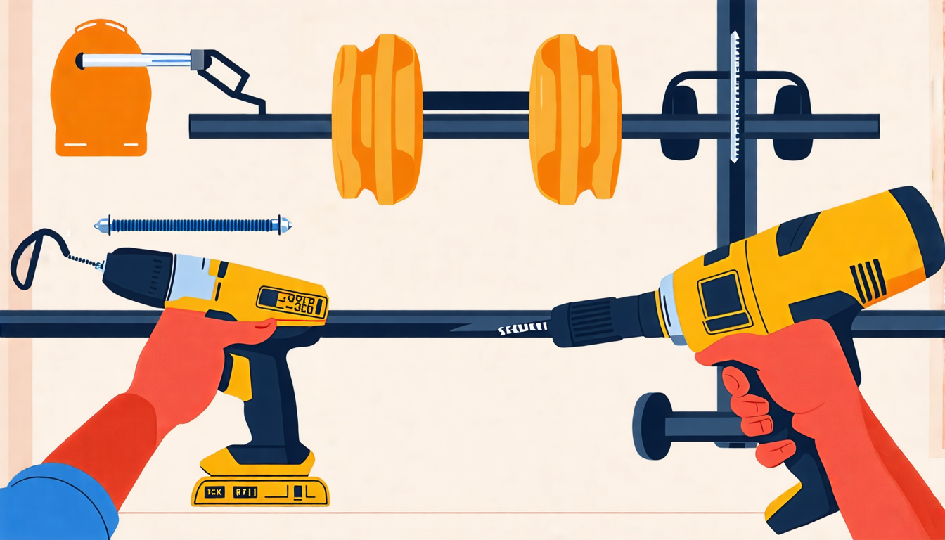 A detailed illustration of a person successfully mounting a fitness bar in their home, using a stud finder to locate secure spots in the wall, using a powe