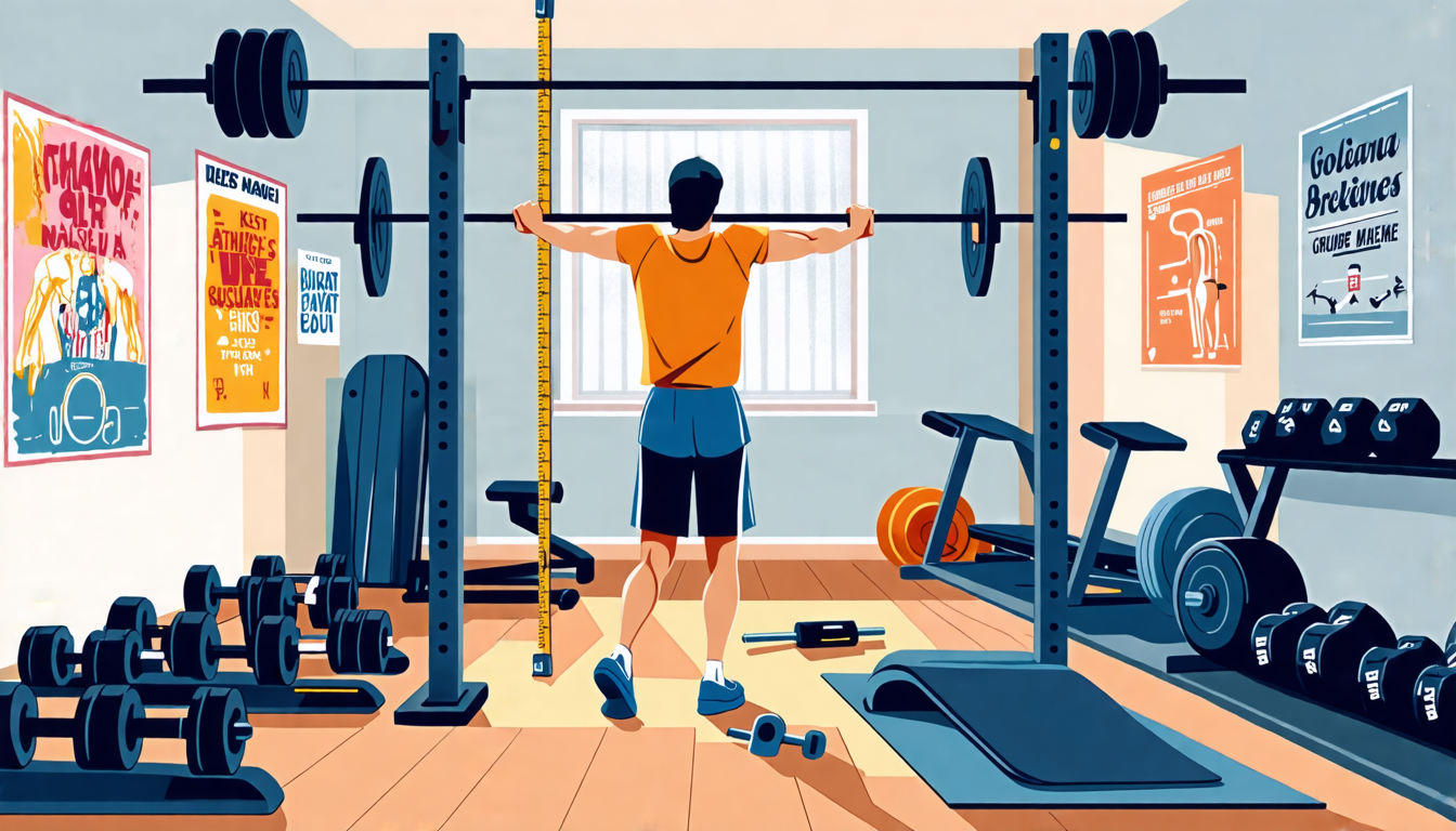 Create a detailed illustration of a person installing a fitness bar in a home gym. The home gym should feature various workout equipment such as dumbbells,
