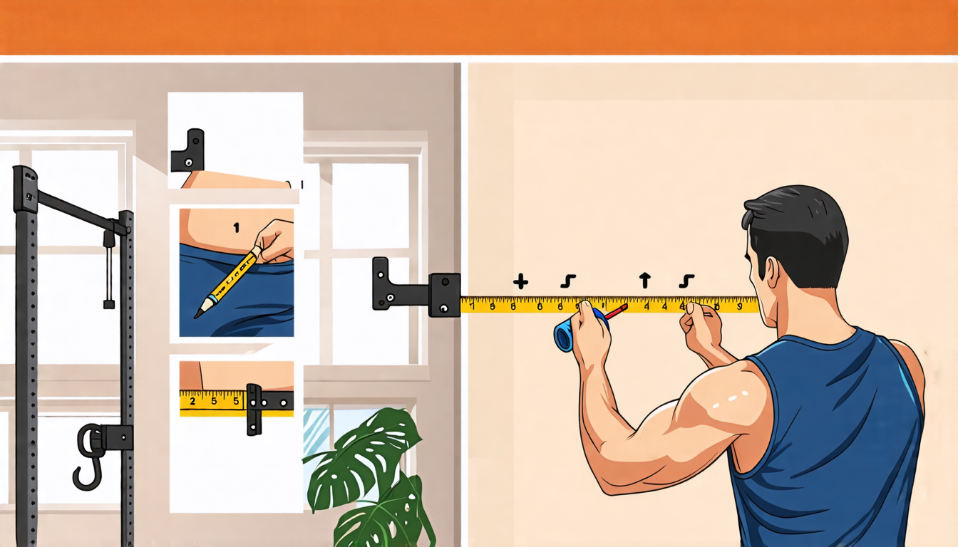 A step-by-step illustration showing how to install a home fitness bar: An individual holding a measuring tape, marking the wall with a pencil, drilling hol
