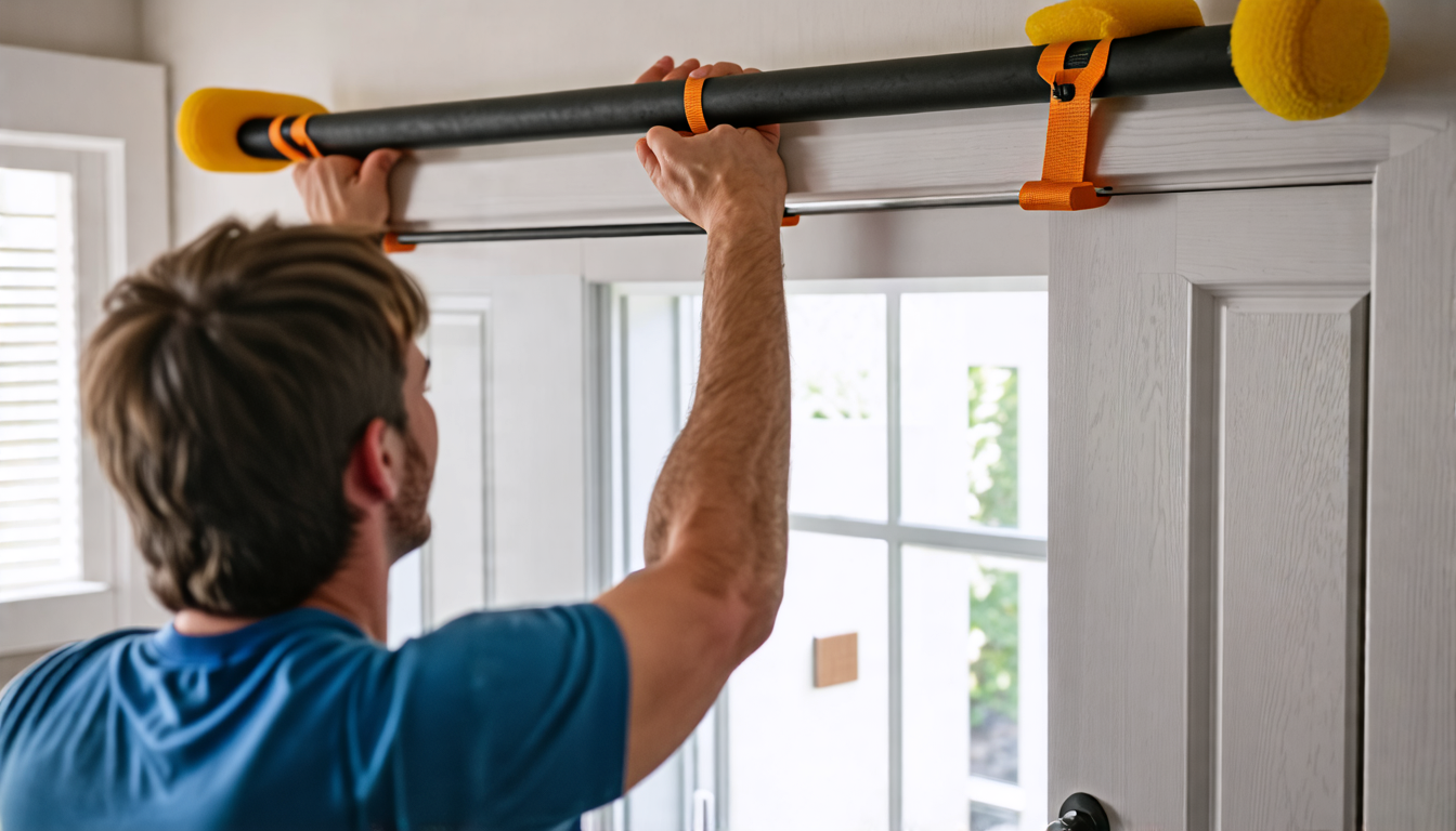 A person carefully removing a fitness pull-up bar from a doorway, using protective padding and tools, ensuring no damage to the surrounding walls. The sett