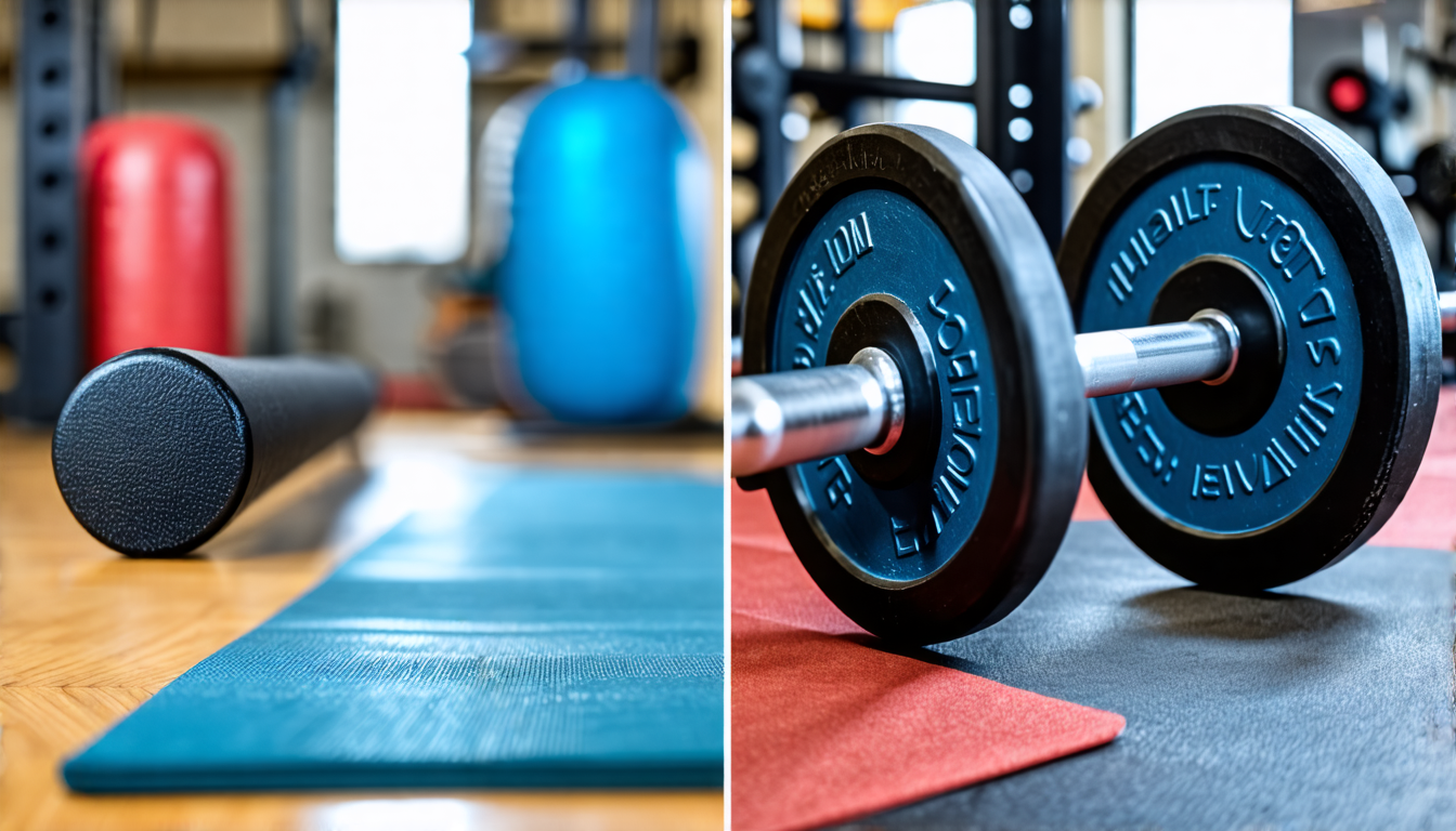 A side-by-side image of a weighted fitness bar and a regular barbell. The weighted fitness bar is sleek and padded, designed for aerobic exercises with eve