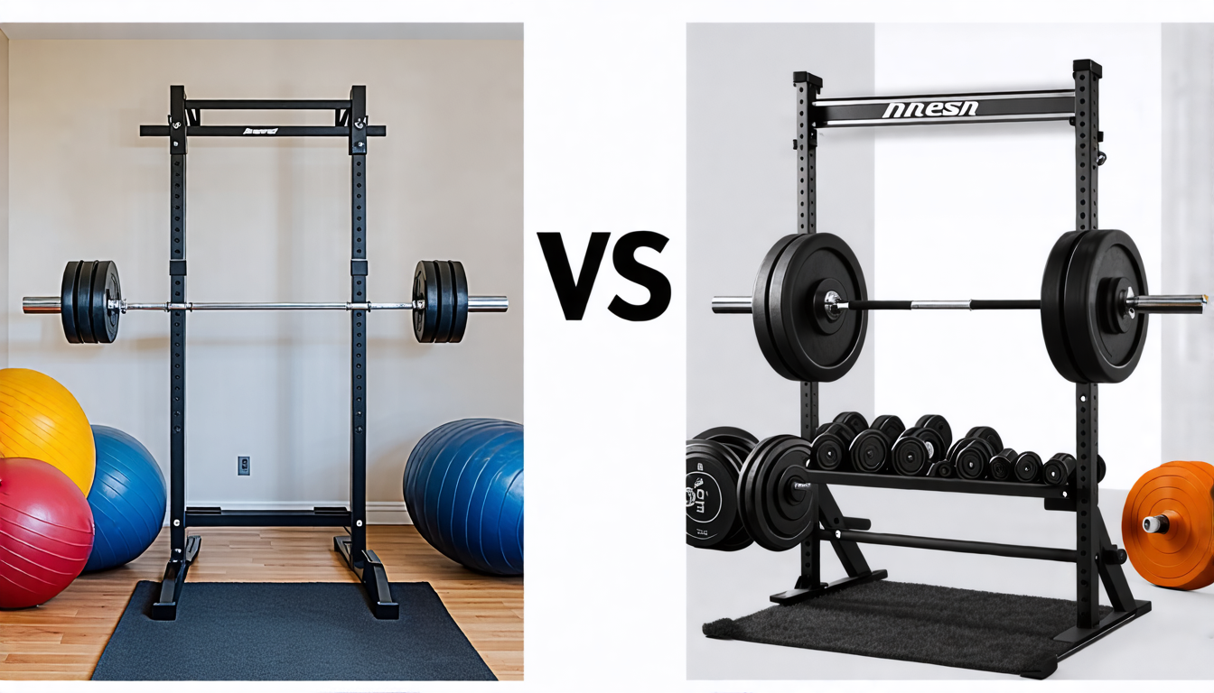 Create an image depicting a side-by-side comparison of a home fitness bar and a gym bar. On one side, show a cozy home gym setup with a fitness bar, neatly