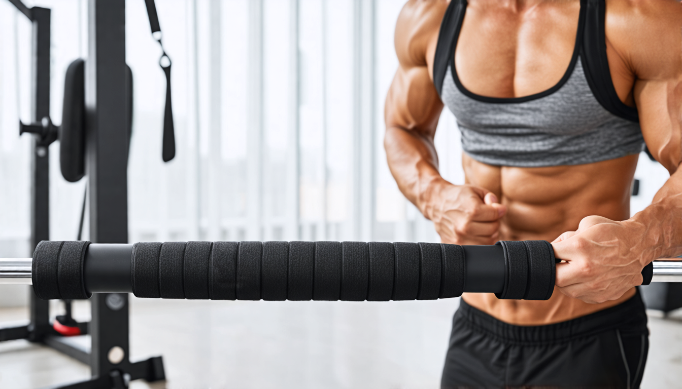 A high-resolution image of a collapsible fitness bar in a home gym setting. The scene shows an individual efficiently folding the bar for storage, highligh