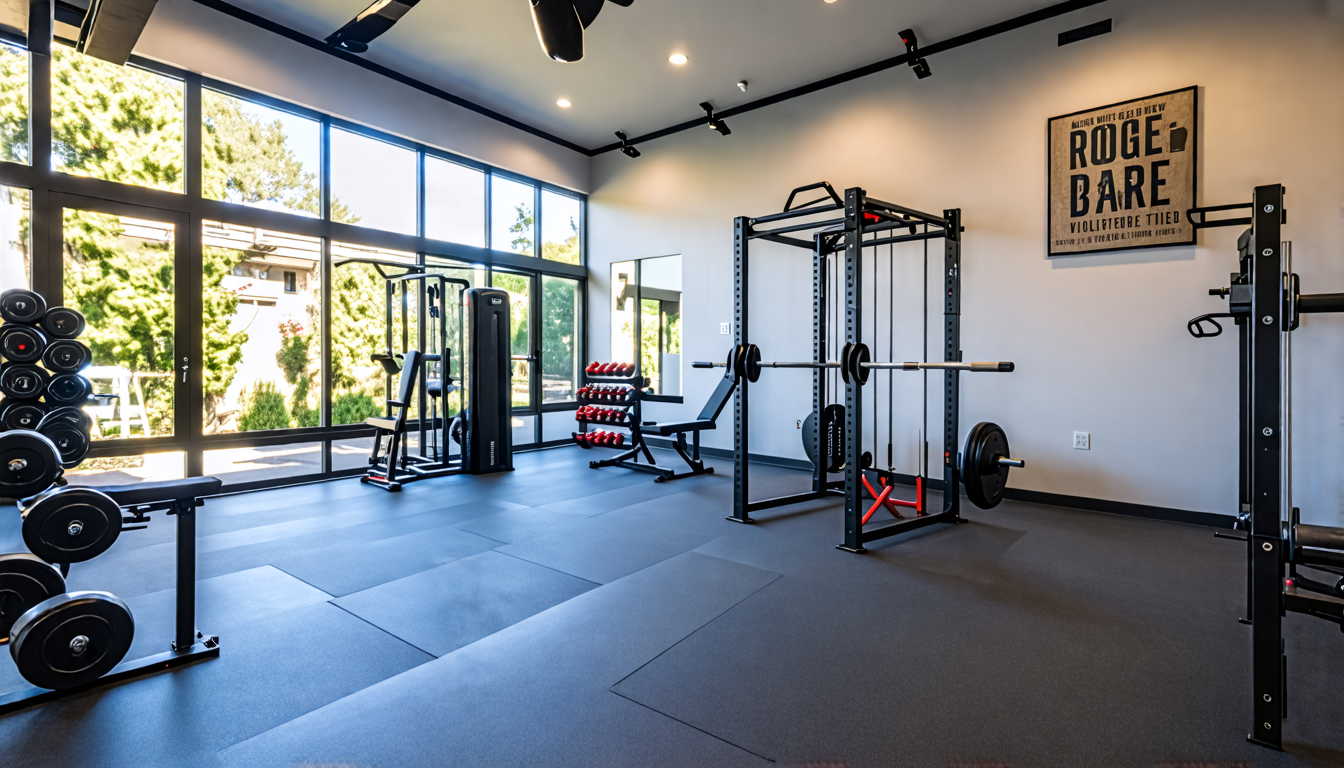 Create an image of a home gym setting featuring top-quality fitness bars from popular brands such as Rogue Fitness, Bowflex, and Titan Fitness. The room sh