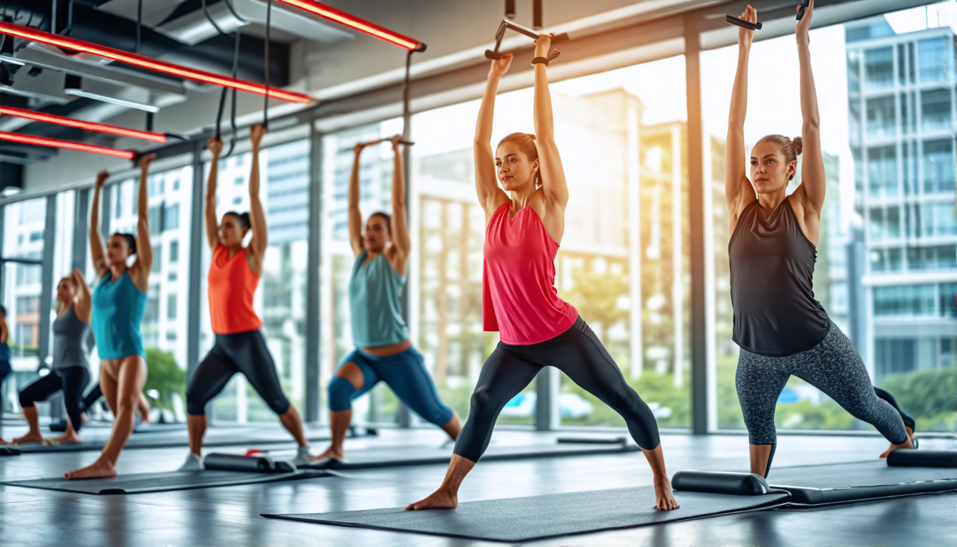 A diverse group of people in a modern gym setting, performing various stretching exercises using bright-colored fitness bars. One person is doing an overhe