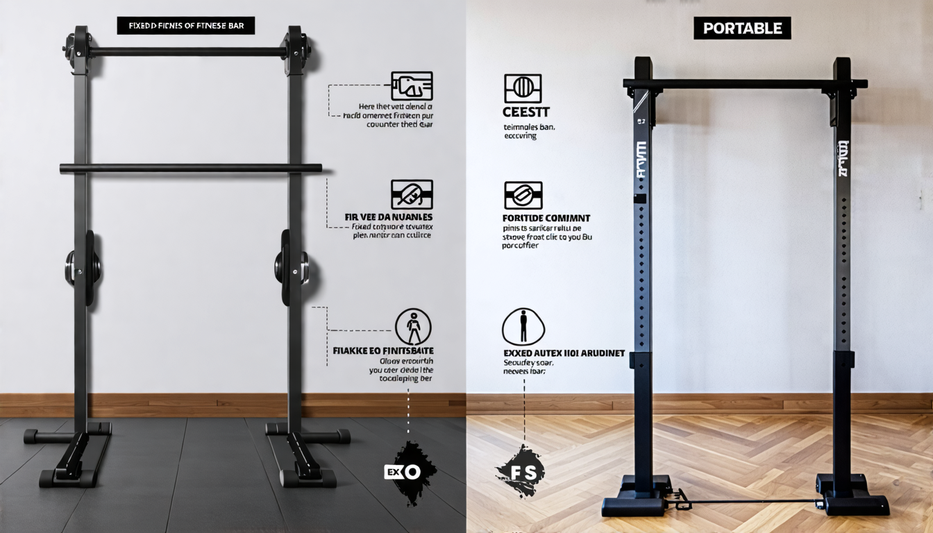 A comparison between fixed and portable fitness bars, showing a fixed bar securely mounted on a wall in a gym setting and a portable bar set up in a home e