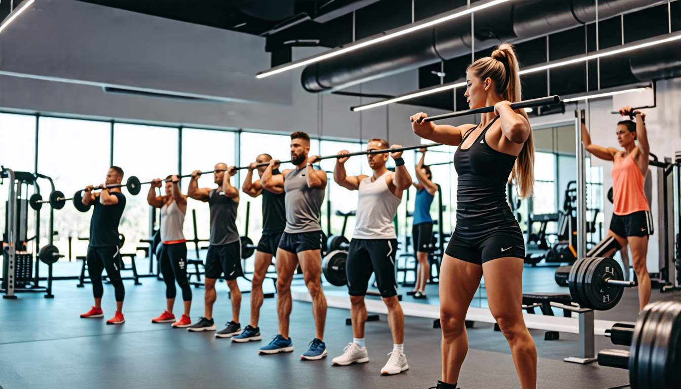 Create an image of a diverse group of people in a modern gym setting, each demonstrating the correct form for various exercises using a fitness bar. Some i