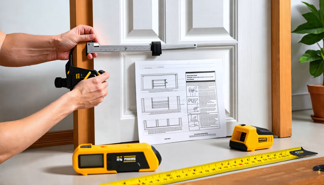Create an image of a person carefully measuring and installing a door-frame fitness bar. The scene should include tools like a level, measuring tape, and a