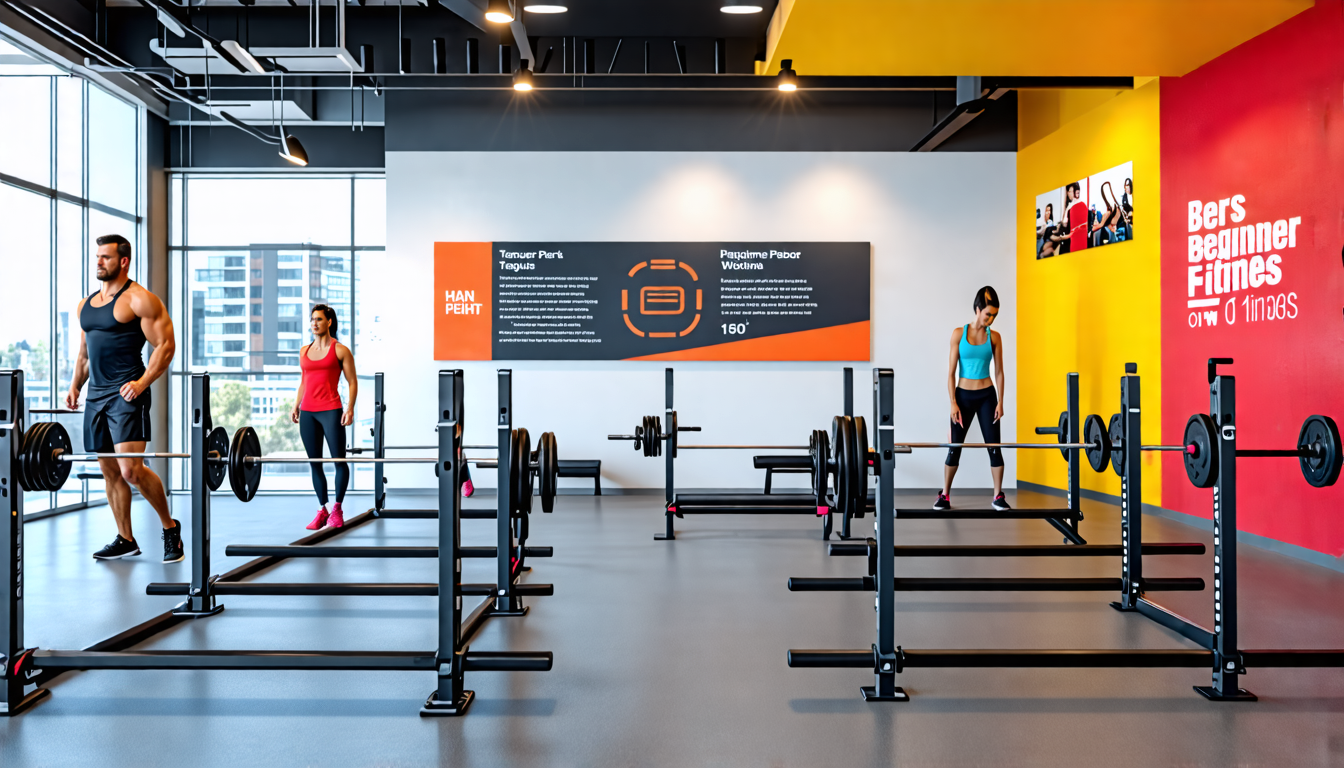 Create an image of a sleek, modern gym with various fitness bars on display. Each bar is labeled with different weight capacities, ranging from lightweight