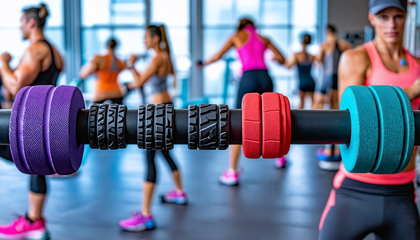 Create an image depicting a diverse range of specialized grips designed for various exercises on a fitness bar. Include textures like foam, rubber, and knu