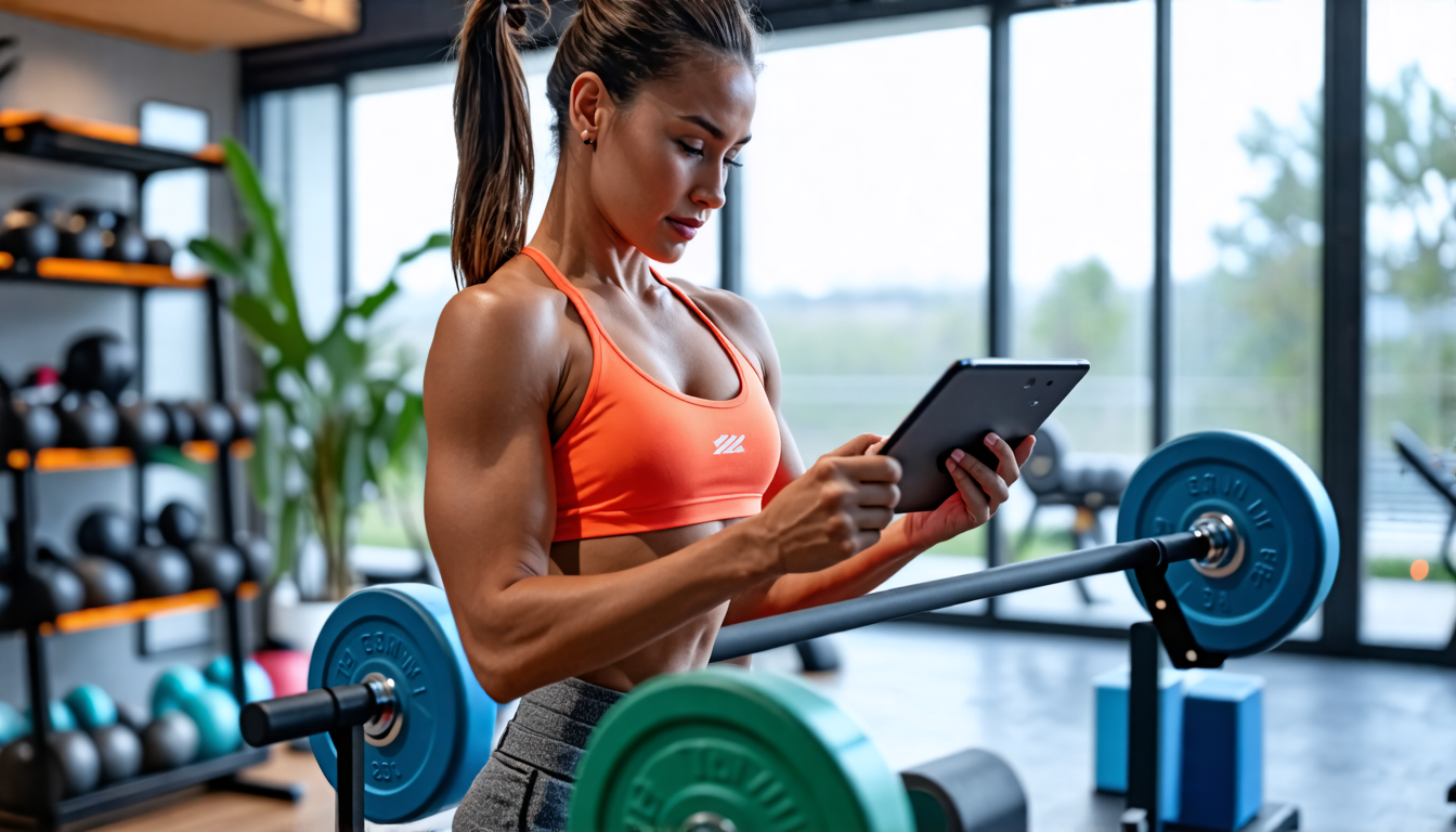 Create an image of a modern home gym setup featuring a sleek fitness bar with adjustable, colorful weights. The room is well-lit with large windows and has