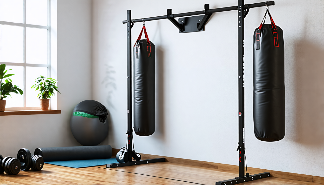 Create an image of a home gym setting with a fitness bar securely attached to a punching bag. The fitness bar is mounted on a solid wall, with the punching