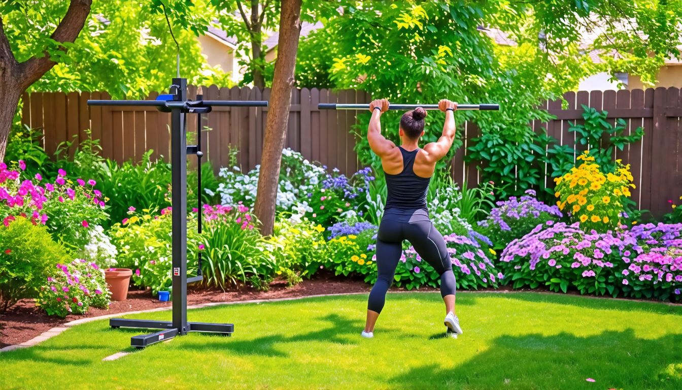 A fitness enthusiast working out in a picturesque backyard garden, using a home fitness bar. The scene includes vibrant green grass, colorful blooming flow