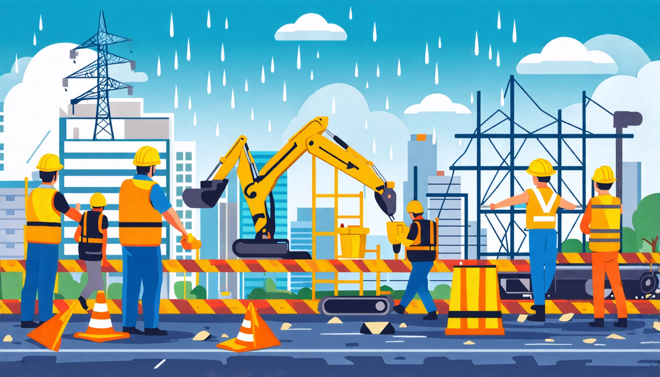 Create an image that illustrates the impact of environmental factors on workplace safety. Show a construction site with various elements such as weather co
