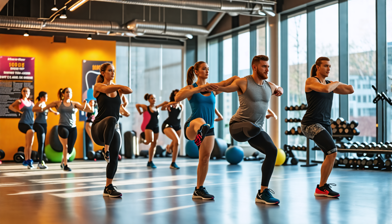 A group of diverse athletes, both male and female, engaging in various dynamic warm-up exercises in a modern gymnasium. Some are performing high-knees, oth