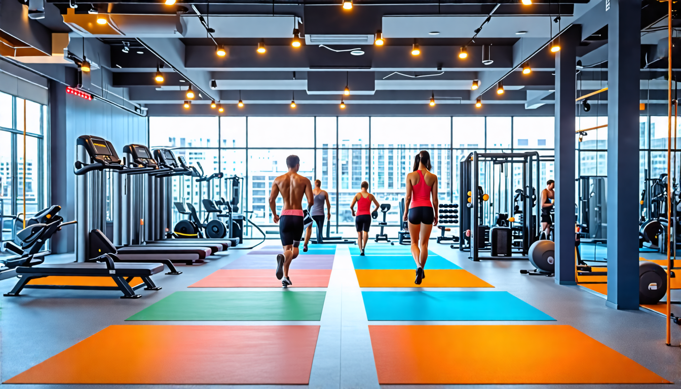 A modern gym with clearly marked workout zones for different exercises, featuring bright, color-coded floor markings and signage for safety guidelines. Per