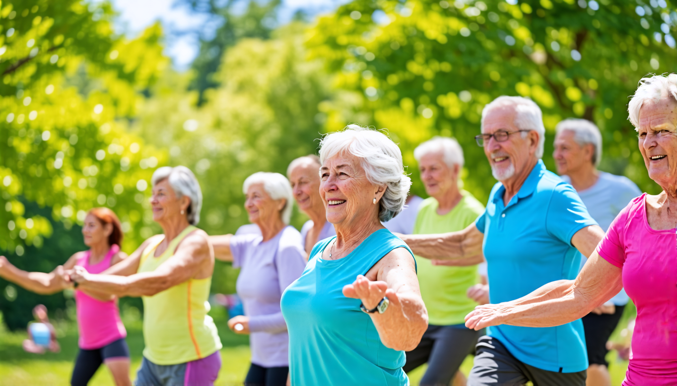 A vibrant and energetic scene depicting a group of seniors participating in a variety of fitness activities in a sunny park. The image includes a mix of el