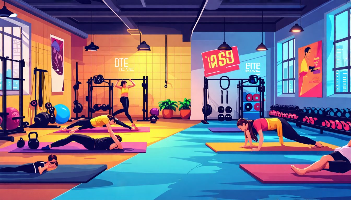 Create an image of a vibrant gym space where half the room is dedicated to bodyweight exercises, featuring people doing yoga, push-ups, and calisthenics on