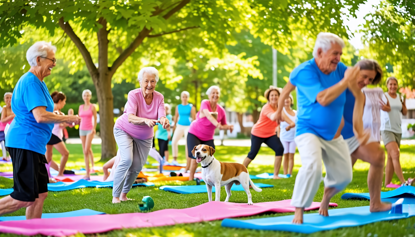 A lively and heartwarming scene in a community park, where a diverse group of seniors is engaged in a fitness class. The seniors are accompanied by their f