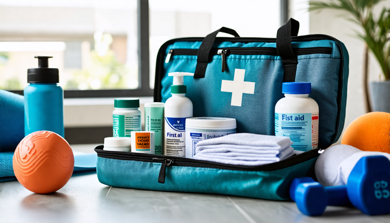 Create an image of a neatly organized first aid kit specifically designed for a home gym environment. The kit should be open, displaying essential items su