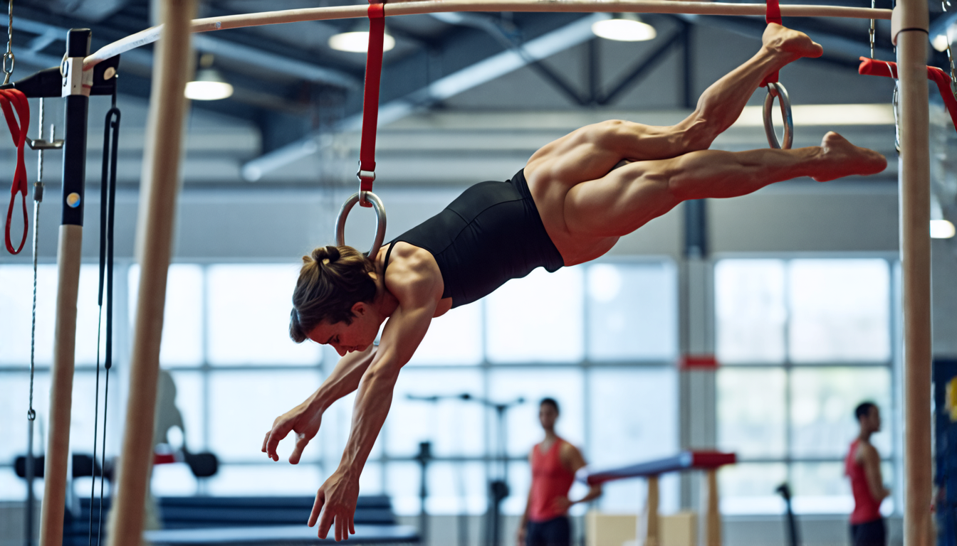 Create an image showcasing a skilled gymnast performing a perfect front lever move on gymnastics rings. The scene is set in a well-lit, professional gymnas