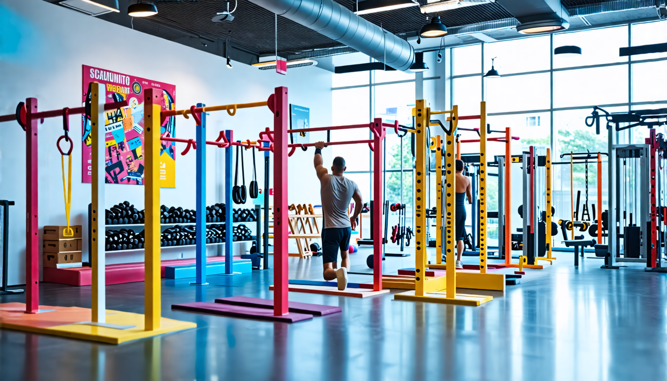 Create an image of a brightly lit gym interior showcasing a variety of colorful fitness bars neatly arranged on display. The background should include fitn
