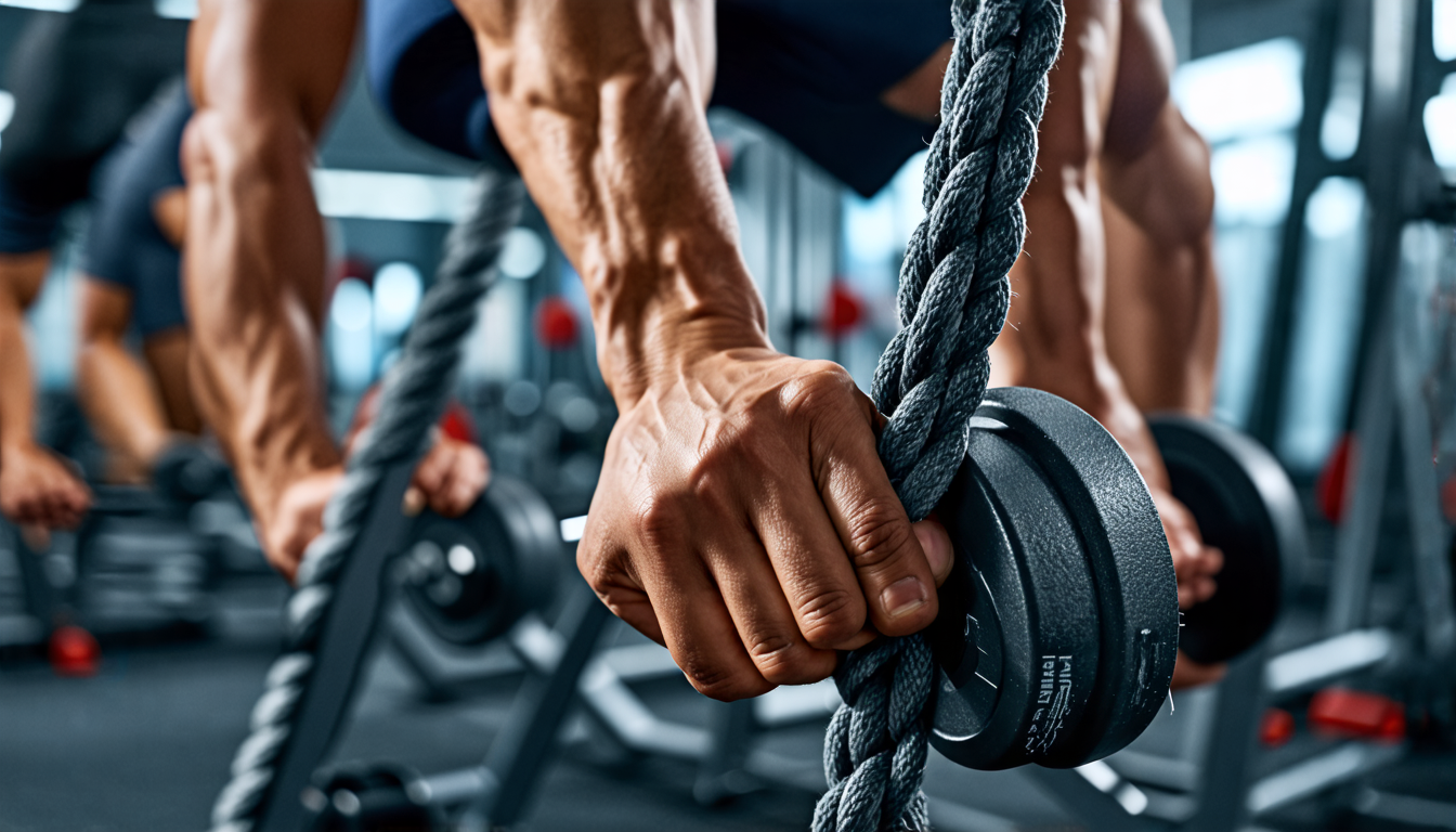 A motivational fitness scene set in a modern gym, focusing on an athlete performing various grip strength exercises. The image includes detailed close-ups