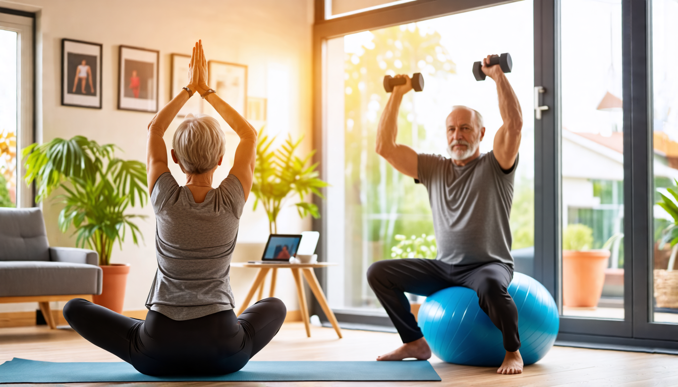 An image of a cozy living room with a senior couple engaging in a home workout routine. The woman is practicing yoga with a mat in the foreground, gently s