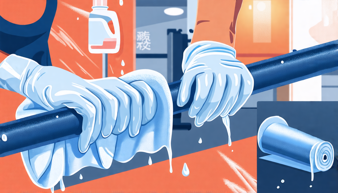 A detailed illustration showing a fitness bar being cleaned: a person scrubbing the bar with a soft cloth, using a mild soap solution, wearing protective g