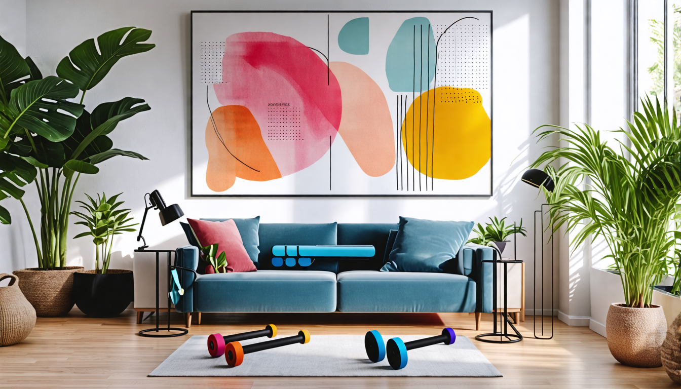 Create an image that showcases a personalized home fitness bar setup in a modern living room. Include sleek, adjustable weight and resistance bands, colorf