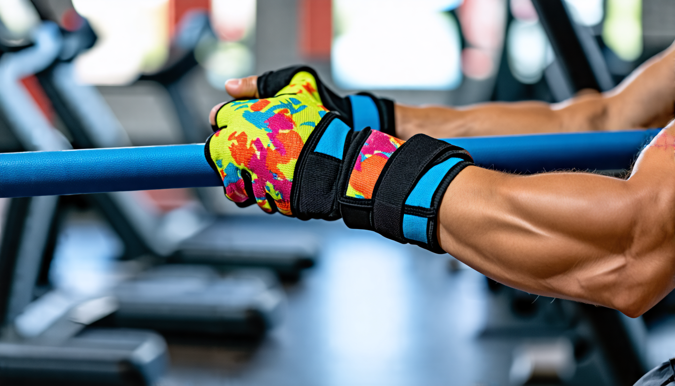 Create an image of a person in a gym setting, gripping a fitness bar with their hands equipped with colorful, padded workout gloves. The gloves should have
