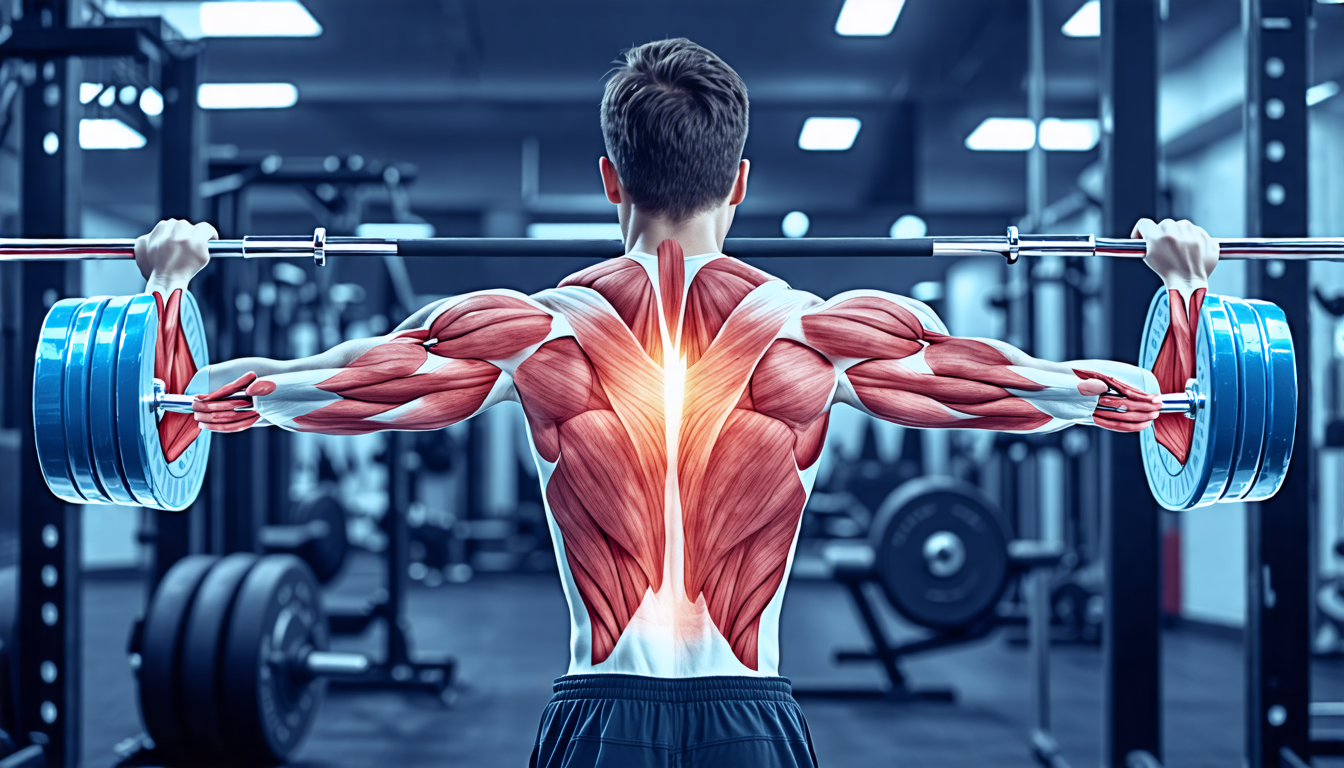 Create an image of a person in a gym setting demonstrating a variety of exercises using a fitness bar to target the back muscles. Show the individual perfo