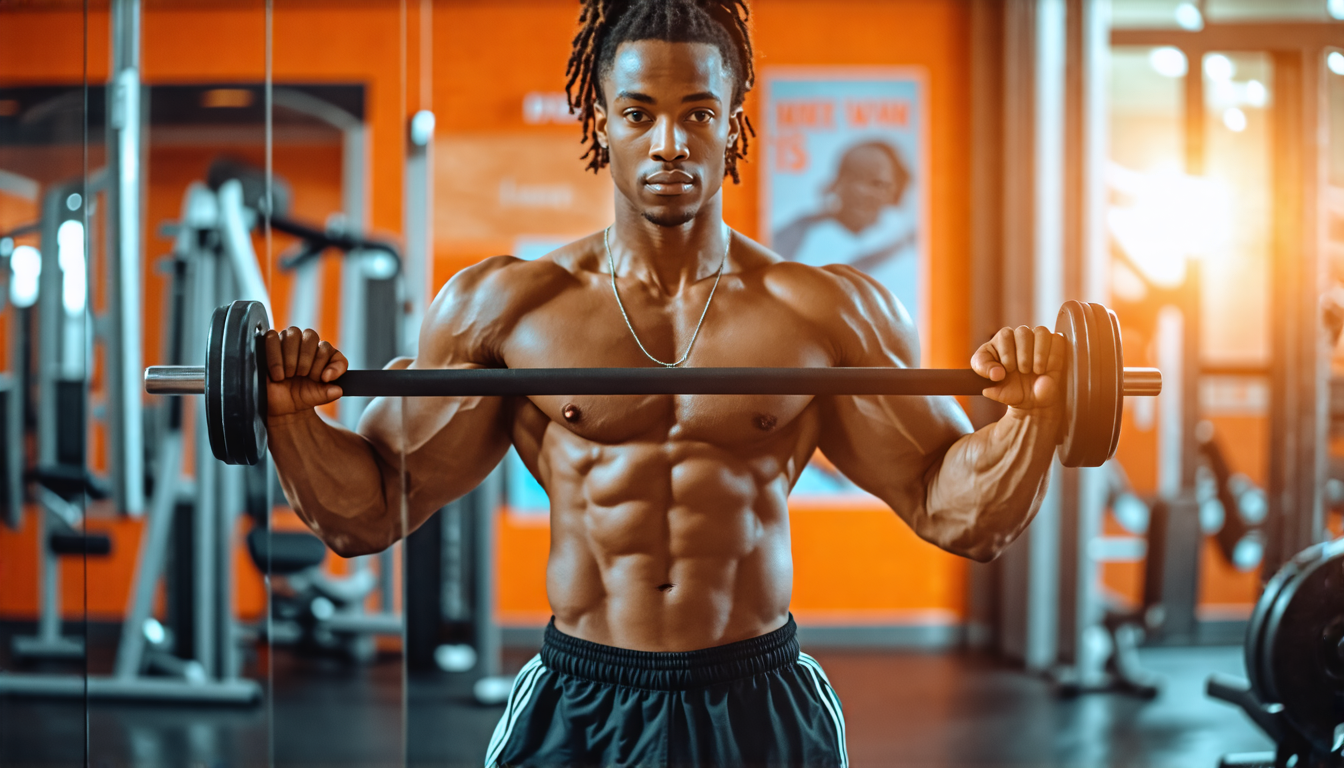 Create an image of a person in a modern gym setting, demonstrating various exercises to target the biceps using a fitness bar. Show them performing bicep c