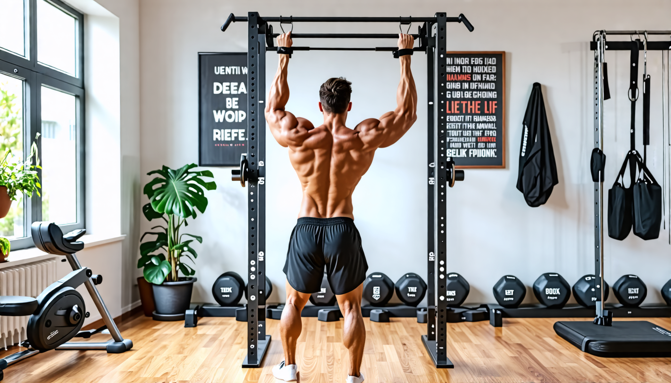 Create an image depicting a fitness bar in a home gym setting, surrounded by motivational fitness posters. The bar should be positioned at a height ideal f