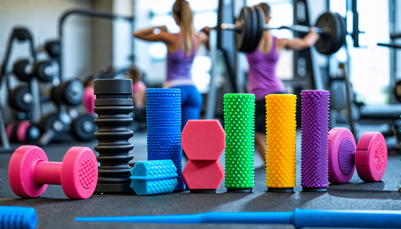 Create an image showing a variety of fitness bar grips for different exercises, displayed in a well-organized manner. Include grips made from different mat
