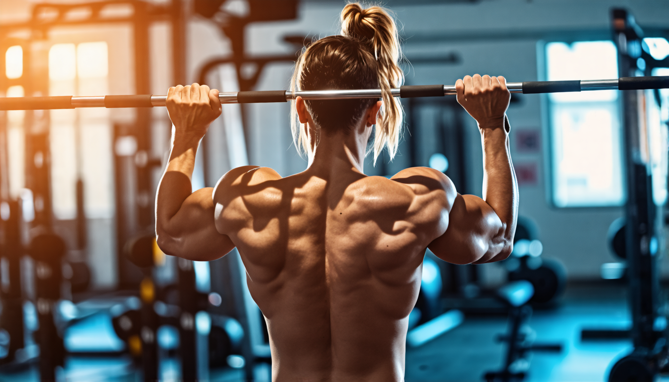 Create an image of a person in a gym setting, performing a shoulder workout with a fitness bar. The person, with an athletic build, is doing overhead press