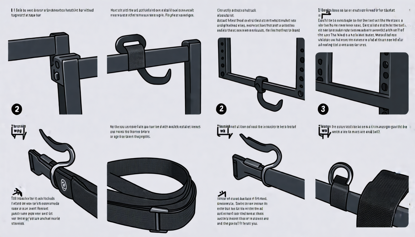 Create an instructional image depicting a step-by-step guide on installing additional hooks or straps on a fitness bar. The image should include a detailed