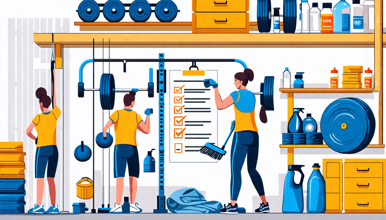 A detailed illustration of a well-organized home gym featuring a fitness bar, with a person cleaning and doing maintenance; neatly arranged weights, cleani