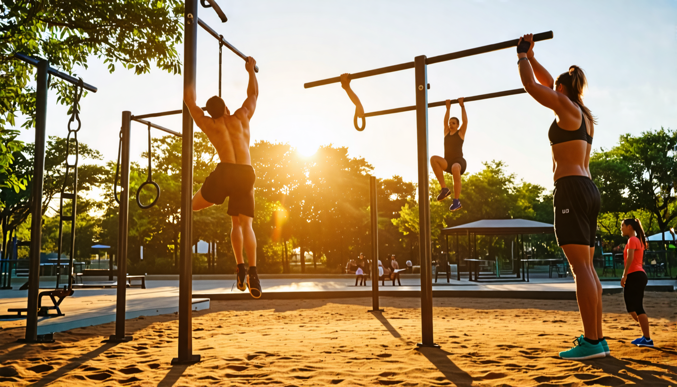 A person performing an advanced workout on a fitness bar in an outdoor park setting, surrounded by lush greenery. The person is doing a one-armed pull-up w