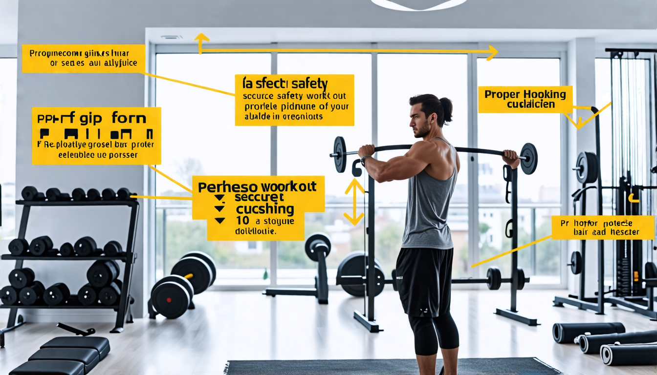 Create an image of a person in an organized home gym setting, demonstrating the proper use of a fitness bar with detailed safety precautions. The individua