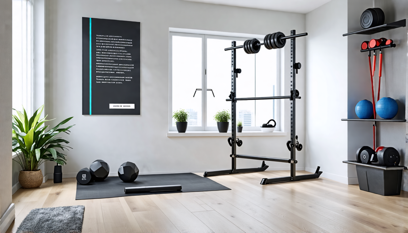 Create an image of a modern and organized home gym space featuring a neatly stored portable fitness bar. The room should have a sleek and minimalist design