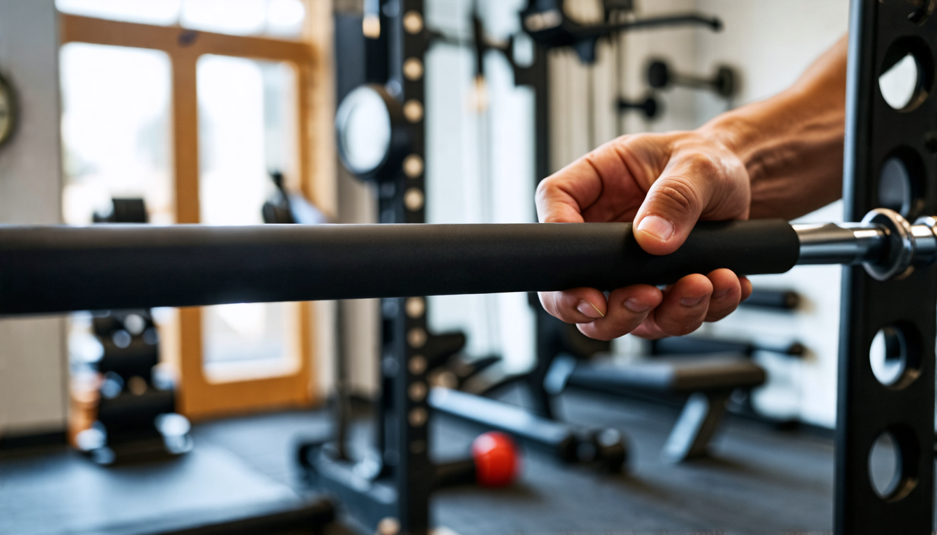 An image of a person carefully inspecting a fitness bar in a home gym setting, with a checklist and tools nearby for checking bolts and stability. The back